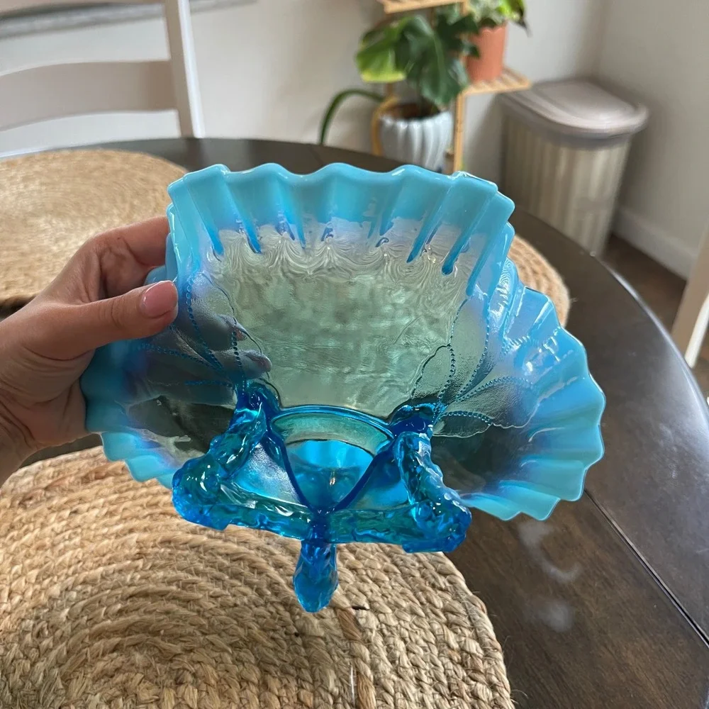 Vintage Blue Opalescent Glass Ruffled Footed Candy Dish Compote